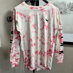 PINK Victoria’s Secret Tie Dye Dog Logo Lace Up Sleeve Tee Small